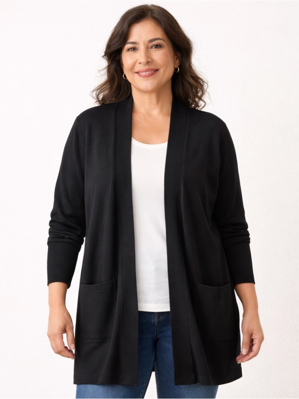 Talbots Black Open Front Cardigan Size L Long Knit Sweater Pockets